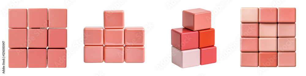 Poster stacked geometric cubes in pastel shades of red pink and orange arranged in an abstract minimalist p