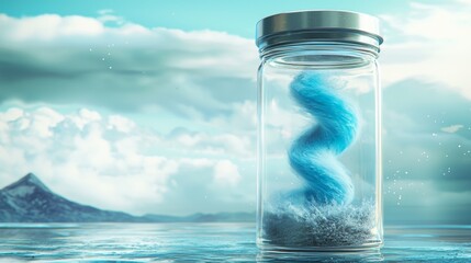 Obraz premium Swirling blue lines trapped in a glass jar against a stunning tranquil background