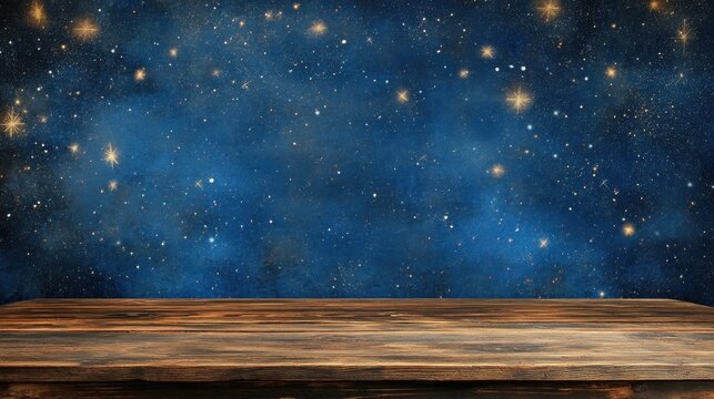 a wooden table with a starr sky background