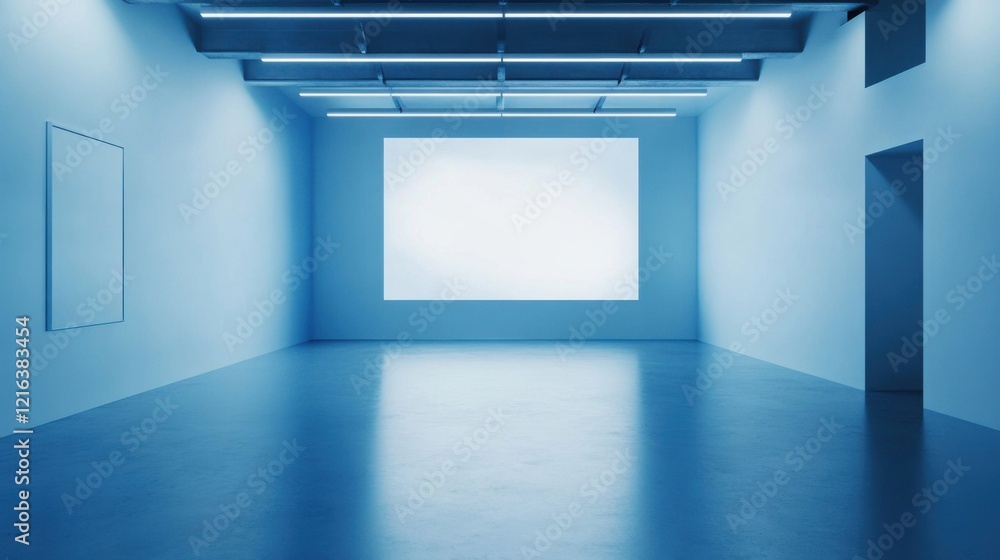 Poster a room with a large screen in the middle of it
