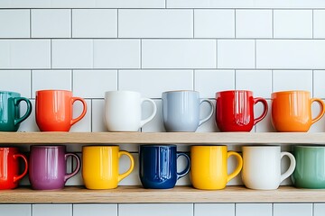 Vibrant Colored Mugs Displayed on Shelves