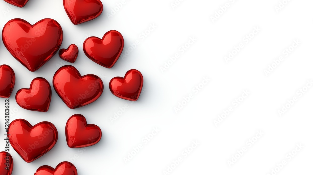 Aufkleber row of red hearts are arranged in a row on a white background. concept of love and affection, as the
