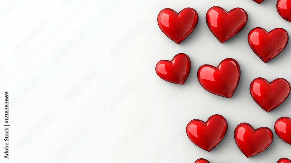 Poster row of red hearts are arranged in a row on a white background. the hearts are all the same size and 