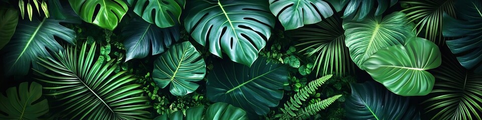 Tropical Jungle Wall, Lush Green Foliage Background Of Anthurium, Epiphytes, Ferns Texture.