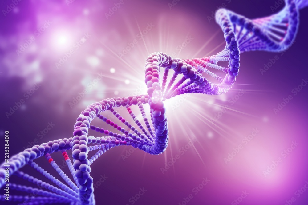 Poster a 3d rendering of a dna double helix, showcasing its intricate structure and genetic code.
