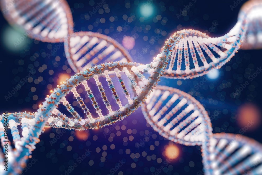 Poster double helix dna structure, detailed 3d rendering showcasing genetic code and molecular complexity.