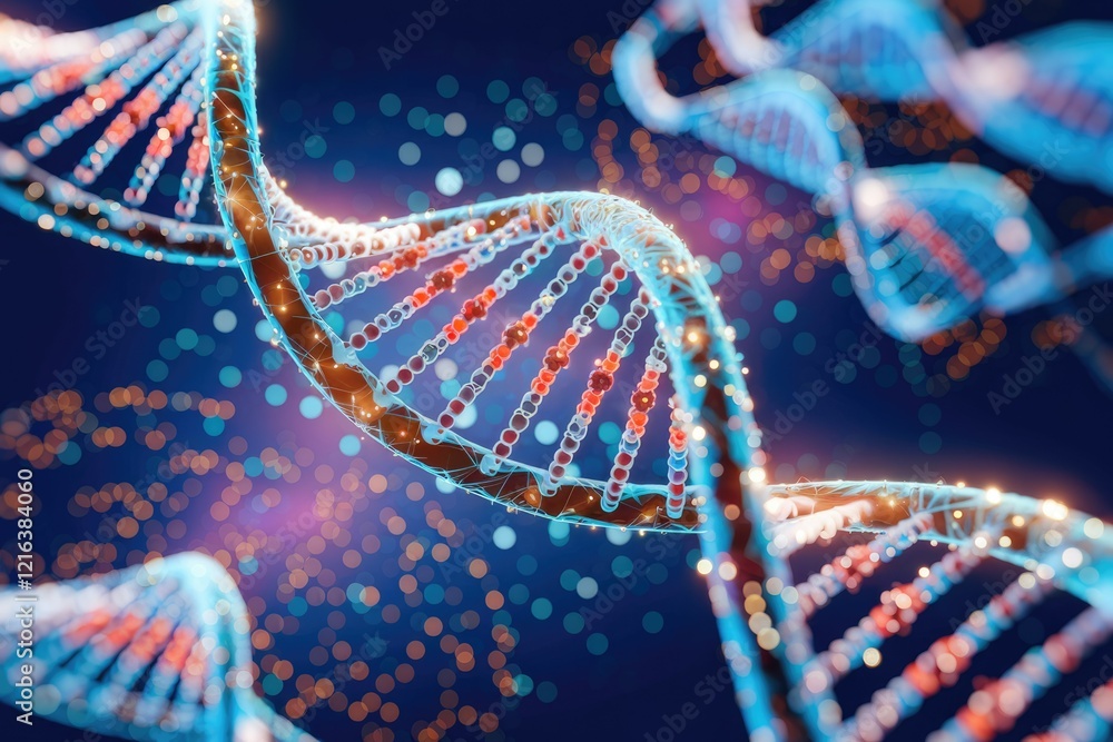 Aufkleber a mesmerizing 3d rendering of a dna double helix, glowing with vibrant colors against a bokeh backgr