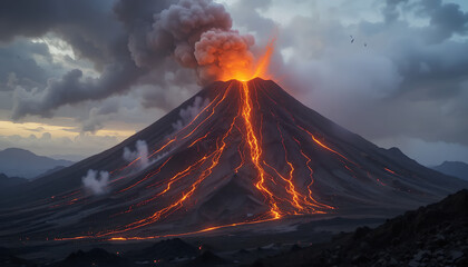 Fiery Rivers: Volcanic Eruption Illuminates Twilight Sky