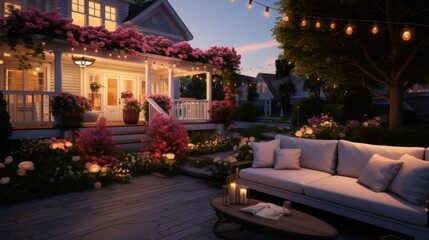 Cozy Backyard Patio with String Lights, Wooden Furniture with candles, flowers. Midsummer. National Relaxation Day. Outdoor furniture. Home and garden design. Event planning. 