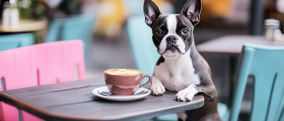 Charming Boston Terrier Relaxing on a Cafe Patio Table Enjoying the Outdoors with a Scenic View Perfect for Pet Lovers and Dog Enthusiasts Seeking Cozy Moments