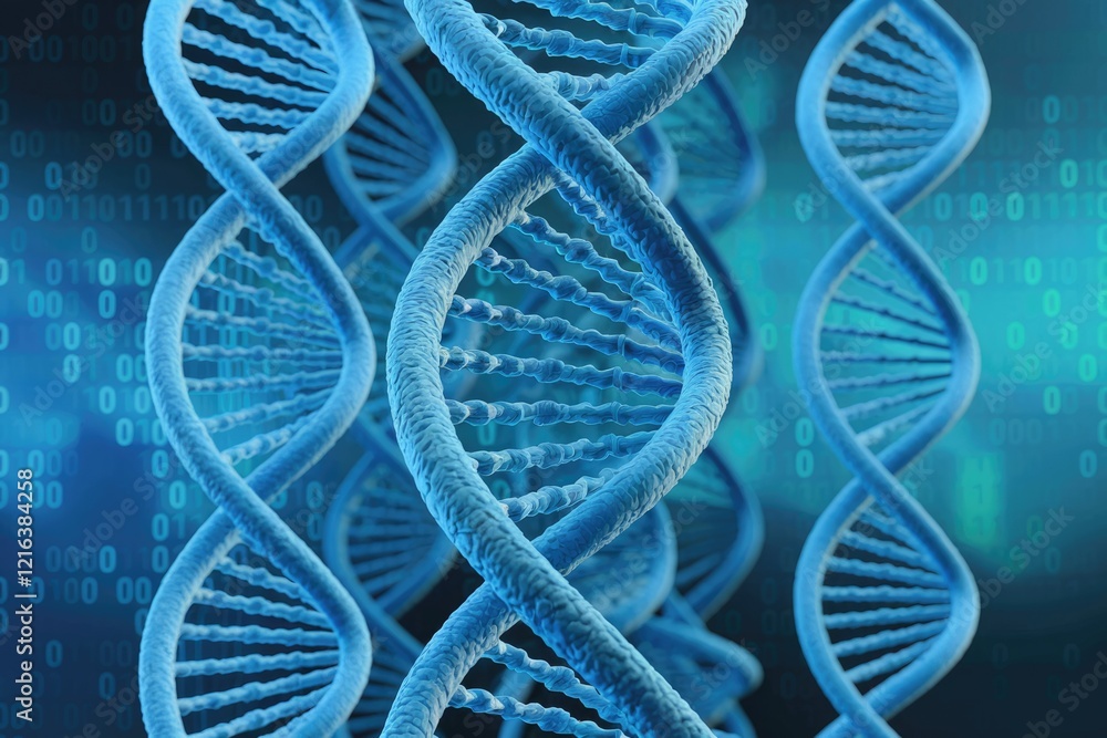 Poster three-dimensional model of dna double helix strands, representing genetic code and digital binary da