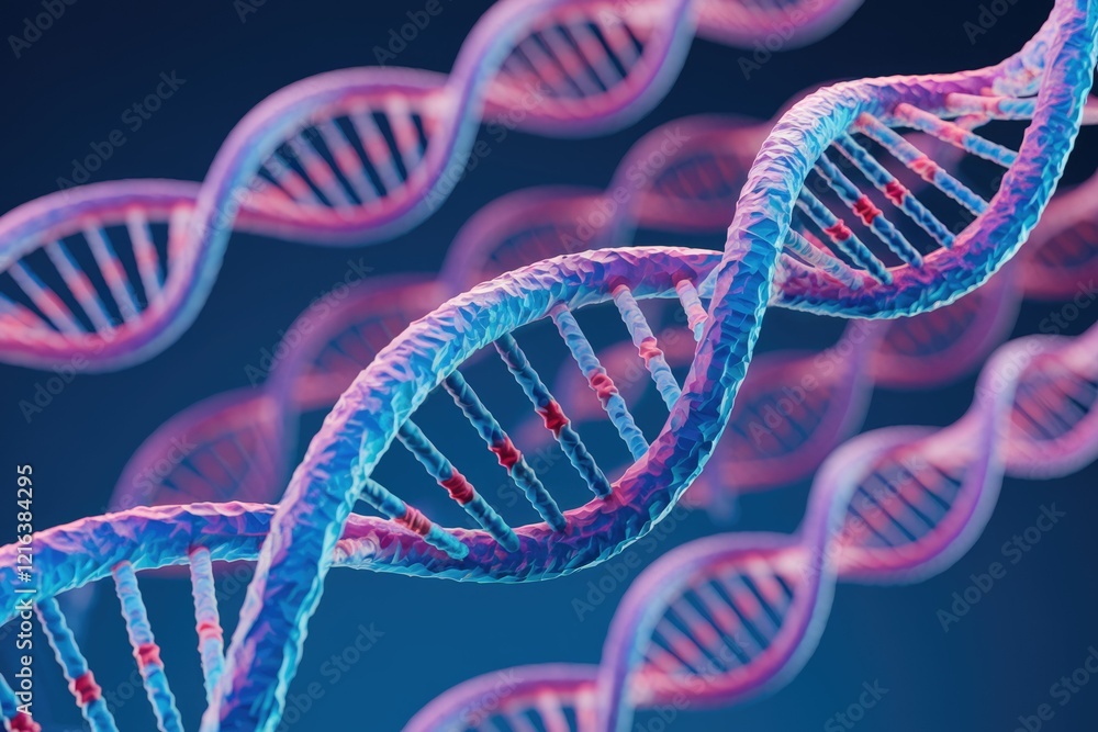 Poster 3d rendering of dna double helix structure, showcasing genetic code and potential mutations.