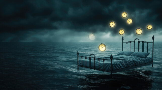 A floating bed in a dark void surrounded by glowing clocks, symbolizing the anxiety of sleep disorders.