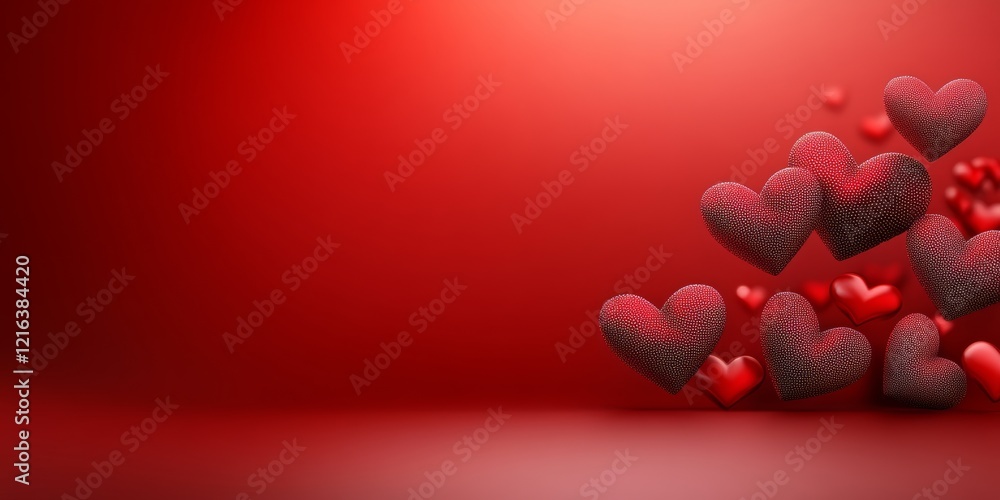 Poster red background with many hearts scattered around it. the hearts are in different sizes and are place