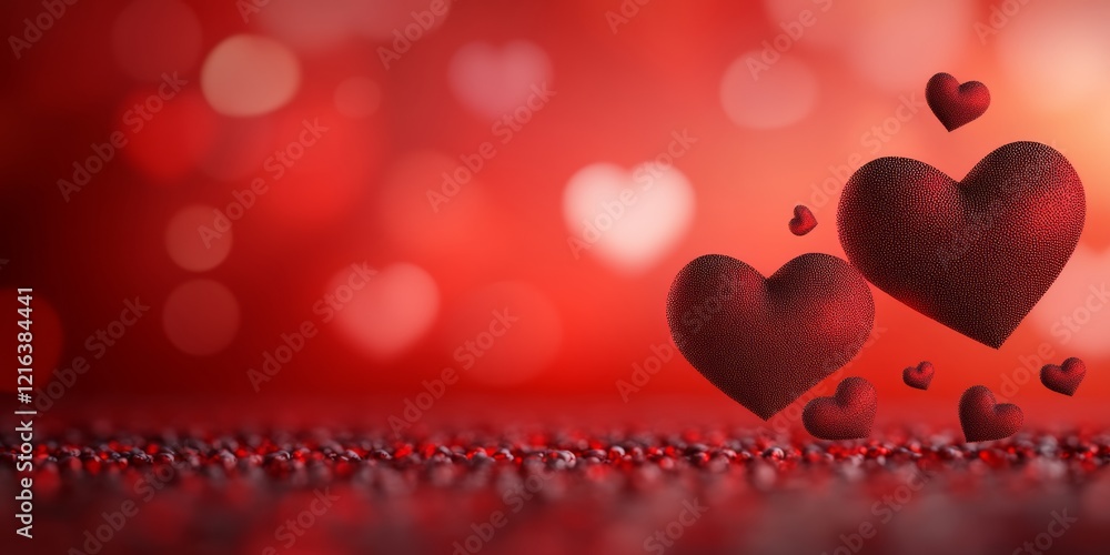 Poster red background with three hearts in the foreground. the hearts are surrounded by a red background an