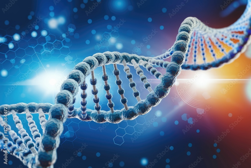 Poster a 3d rendering of a dna double helix, illustrating the complexity and beauty of genetic code.