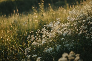 Sunset meadow wildflowers, golden hour, nature background, idyllic scene