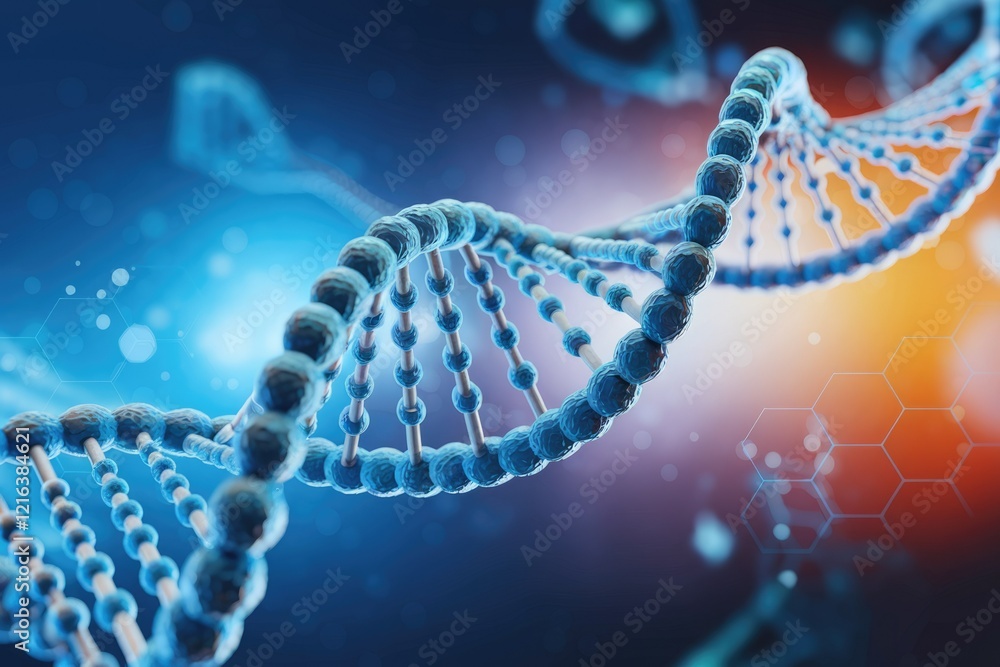 Poster a 3d rendering of a dna double helix, showcasing the intricate structure of genetic code.