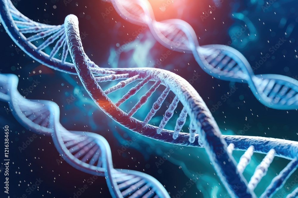 Poster close-up 3d rendering of dna double helix, showcasing its intricate structure and genetic code.