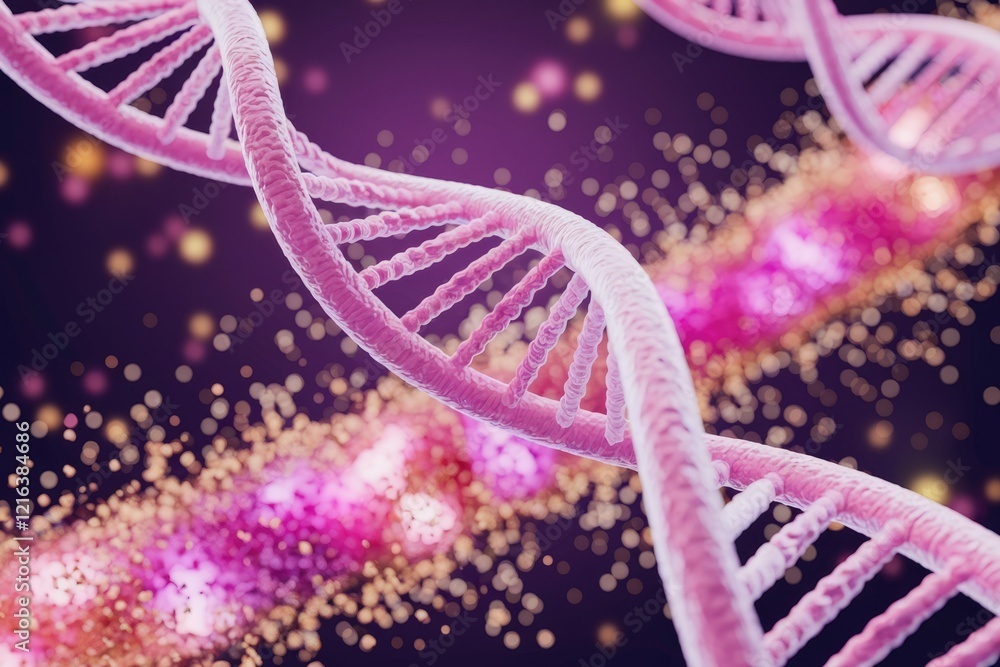 Poster a 3d rendering of a dna double helix, showcasing its intricate structure and genetic code.