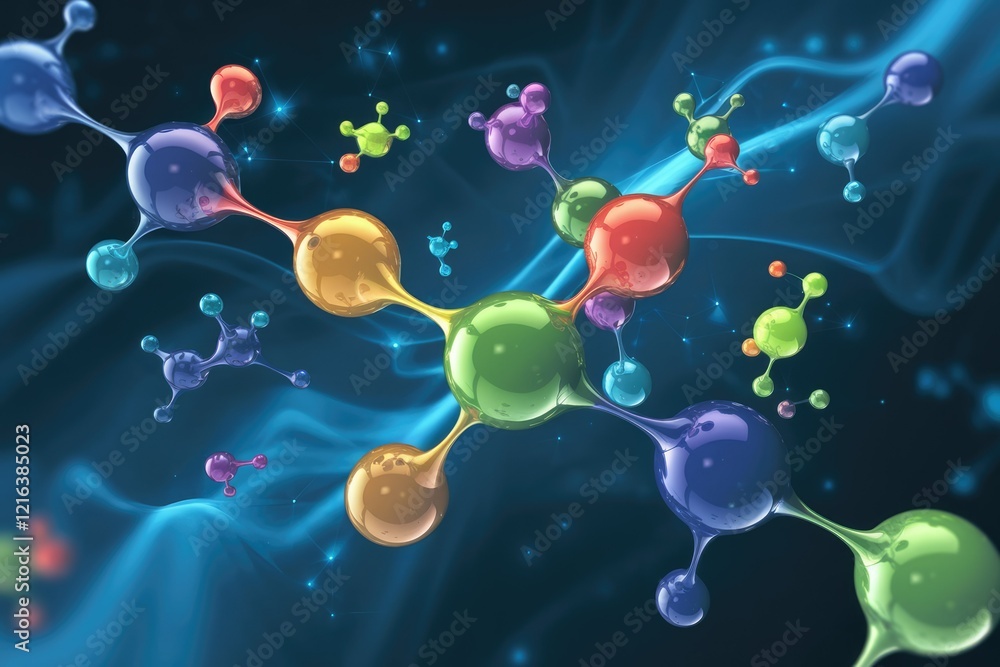 Poster abstract 3d rendering of colorful molecules, depicting complex chemical structures and bonds in scie