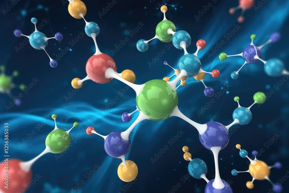 Poster colorful 3d rendering of a molecule, illustrating atomic bonds and structure.