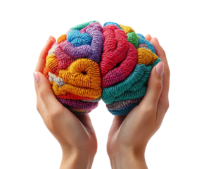 Holding a vibrant, colorful representation of a brain as a symbol of creativity and imagination isolated on transparent background
