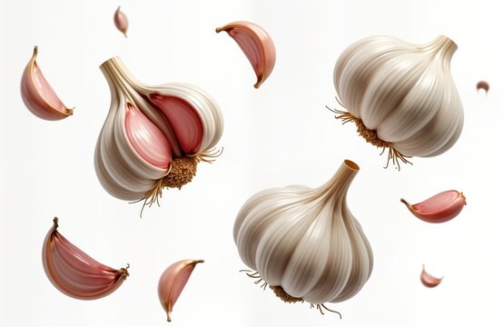 Fresh garlic bulbs, cloves float against white background. Healthy food ingredient. Closeup view of organic garlic. High quality food product. Raw vegetable suitable for kitchen use. Natural food for