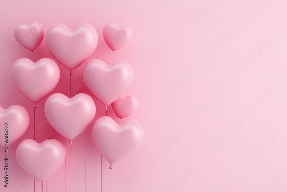 Poster pink background with a bunch of pink hearts. the hearts are floating in the air and are arranged in 