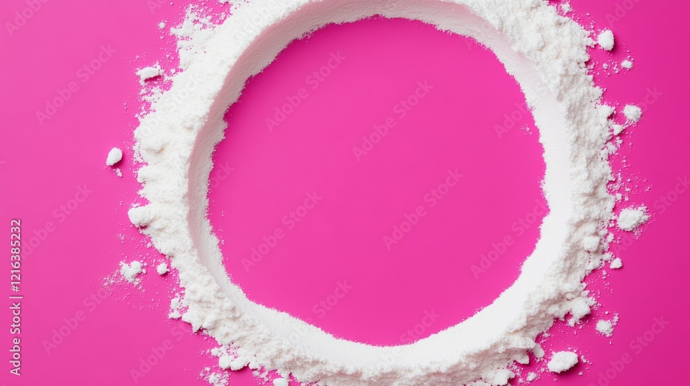 Poster white powder is spread out in a circle on a pink background. the circle is incomplete, with a hole i