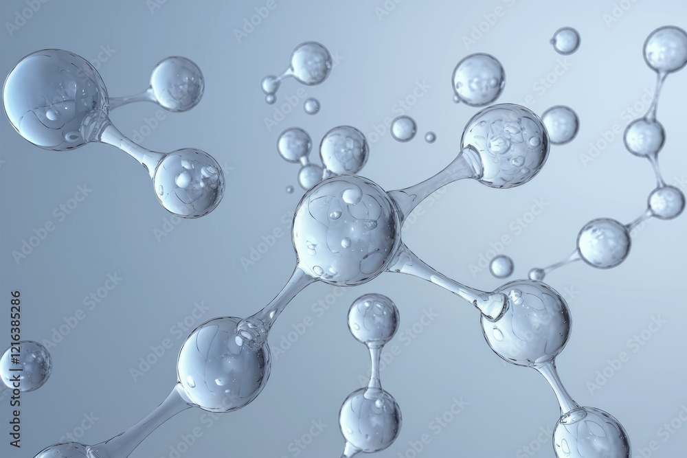 Poster abstract 3d rendering of interconnected translucent spheres, resembling a molecular structure or net