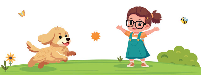 happy cute kid play with dog outdoors	
