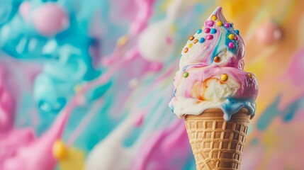 Ice cream cone, colorful background, pastel colors, candy sprinkles, rainbow ice cream, summer dessert, sweet treat