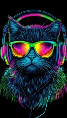 Neon Party Cat Cool Feline DJ Rocks Out with Headphones and Sunglasses in Vibrant Portrait.