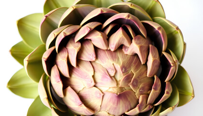 Fresh artichoke on green grass with purple leaves