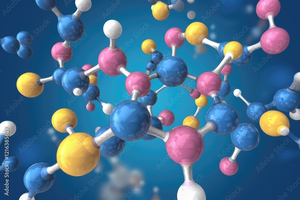 Poster a 3d model of a complex molecule, showcasing its atomic structure and bonds.
