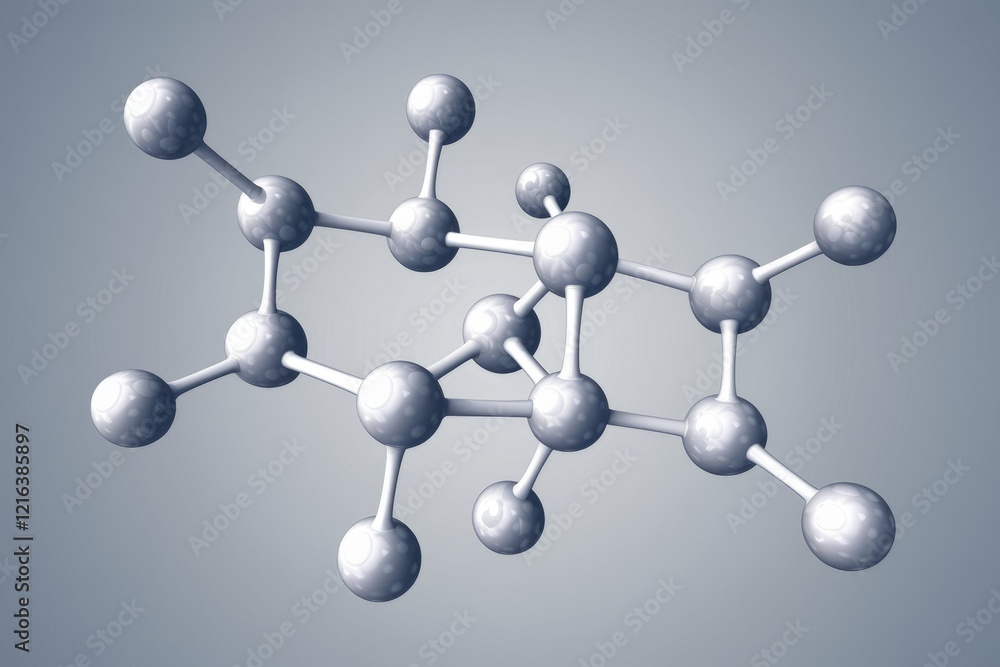 Poster 3d rendering of a complex molecule structure, illustrating atomic bonds and spatial arrangement.