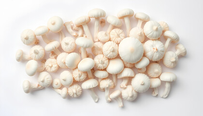 Fresh mushrooms and seashells isolated on white background