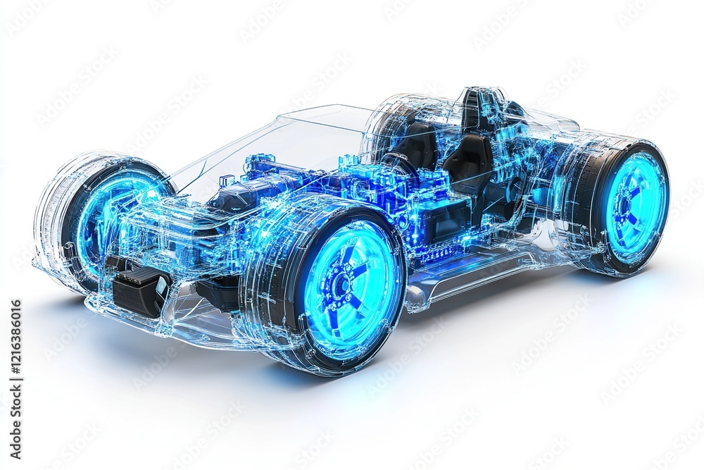 Poster exploring a transparent race car's engineering marvels with futuristic design elements and advanced 