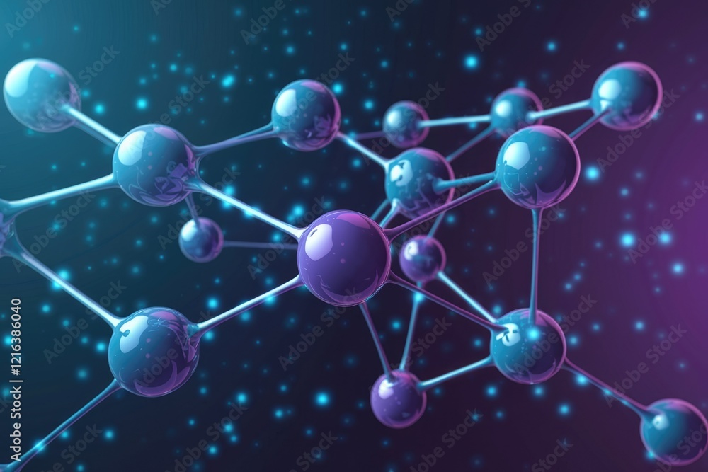 Poster abstract 3d rendering of a molecule structure, glowing spheres connected by rods, in a dark backgrou