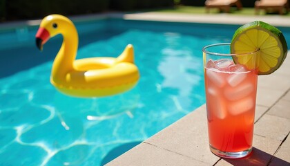 Obraz premium Poolside Refreshment Paradise: Pink Cocktail, Lemon Slice, and Flamingo in the Water