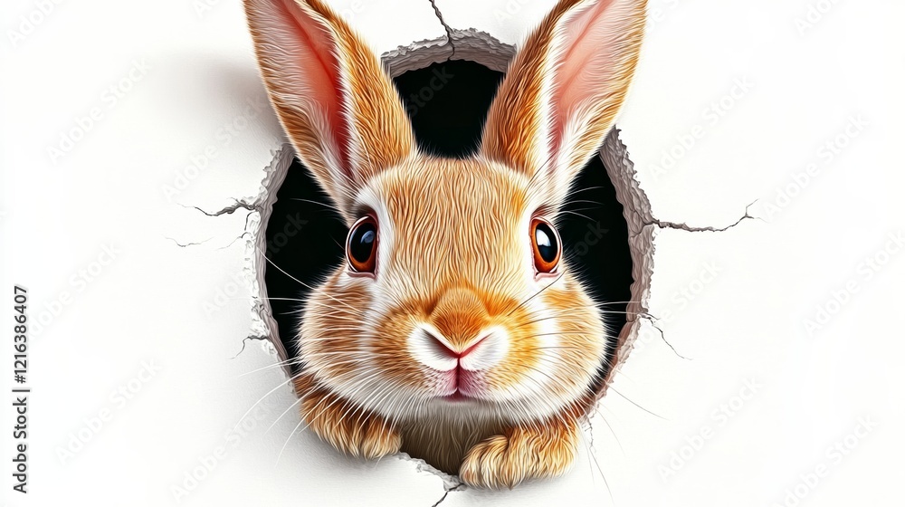 Poster Rabbit is peeking out of a hole in a wall. The rabbit is looking at the camera with a curious expression. The image has a playful and whimsical mood