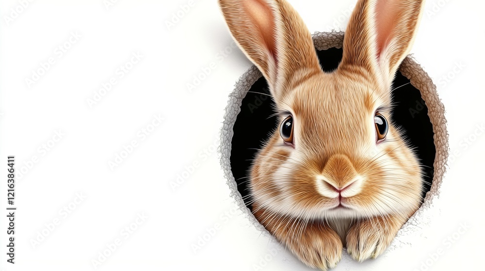 Poster rabbit is peeking out of a hole. the rabbit is looking at the camera with a curious expression. the 