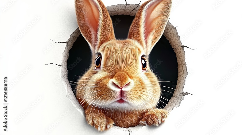Poster rabbit is peeking out of a hole in a wall. the rabbit is looking at the camera with a curious expres