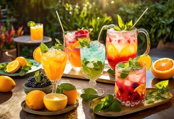 Fototapeta premium colorful splash vibrant iced beverages fresh ingredients garnishes captured refreshing scene, blue, green, cold, drink, cocktail, fruit, citrus, lemon, lime