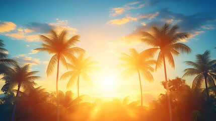Obraz premium Sunset over tropical beach with silhouette of palm trees against colorful sky