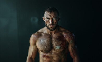 Fototapeta premium Portrait of a battered fighter showcasing resilience and spirit after a grueling match in the dimly lit gym
