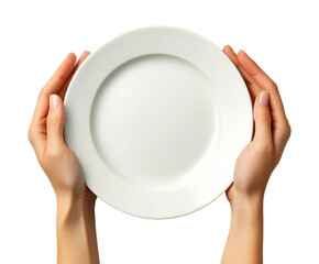 Hands holding a pristine white plate, symbolizing readiness for a meal or culinary delight to come, conveying a sense of anticipation and cleanliness isolated on transparent background