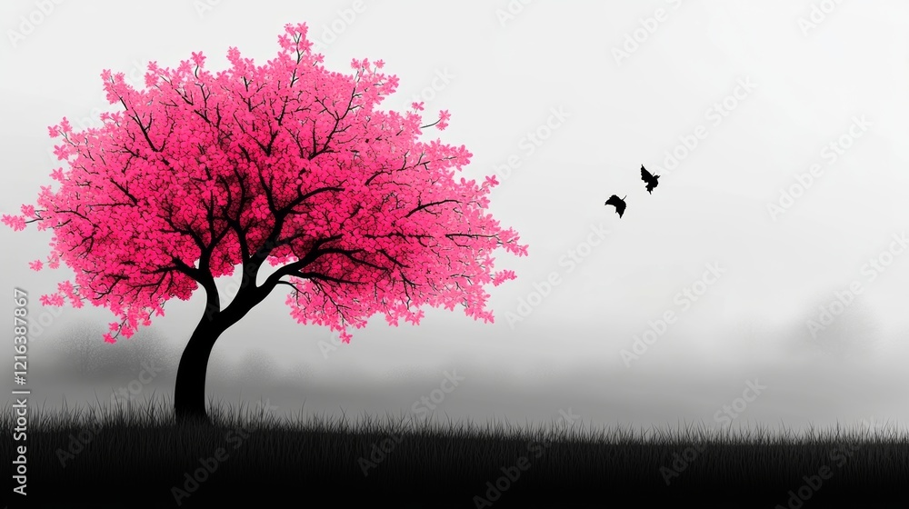 Poster tree with pink blossoms is the main focus of the image. the tree is surrounded by a field of grass, 