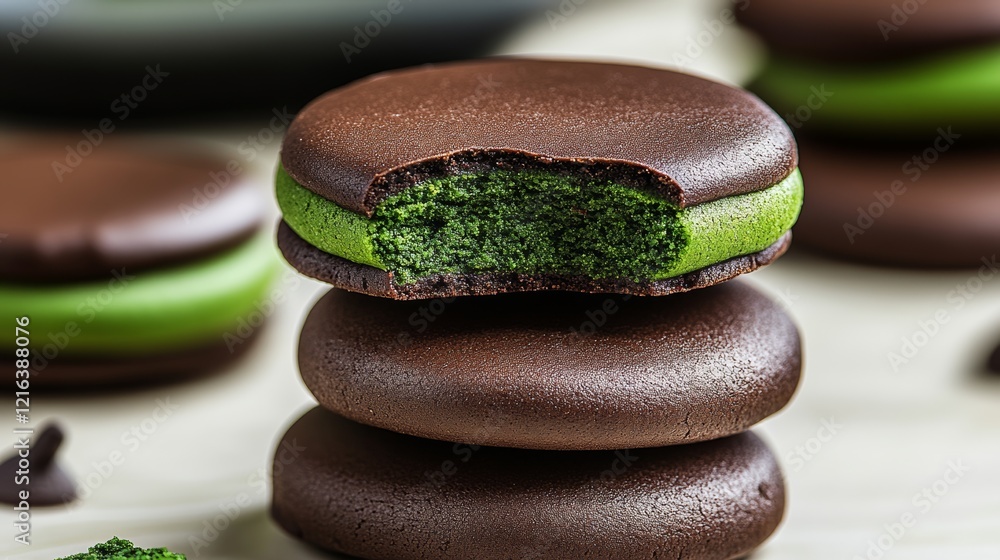 Poster stack of chocolate cookies with green filling. one cookie has been bitten into. concept of indulgenc